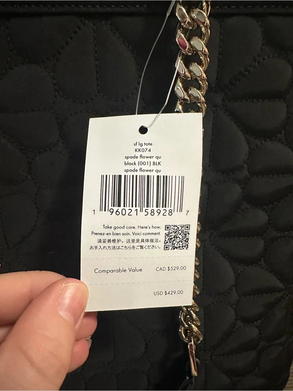 kate spade flower Black Quilted Tote with Gold Chain Straps